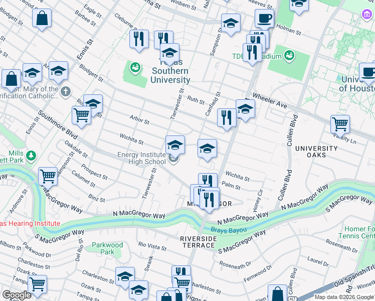 map of restaurants, bars, coffee shops, grocery stores, and more near 3538 Rosedale Street in Houston