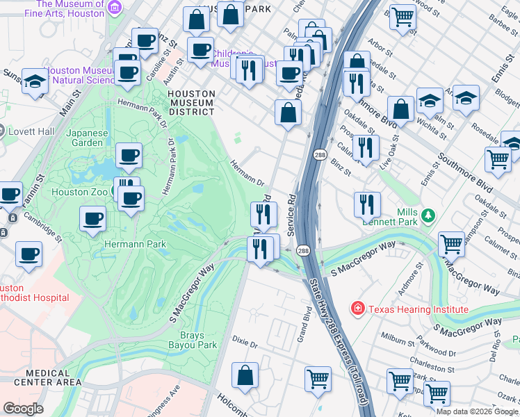 map of restaurants, bars, coffee shops, grocery stores, and more near 5900 Almeda Road in Houston