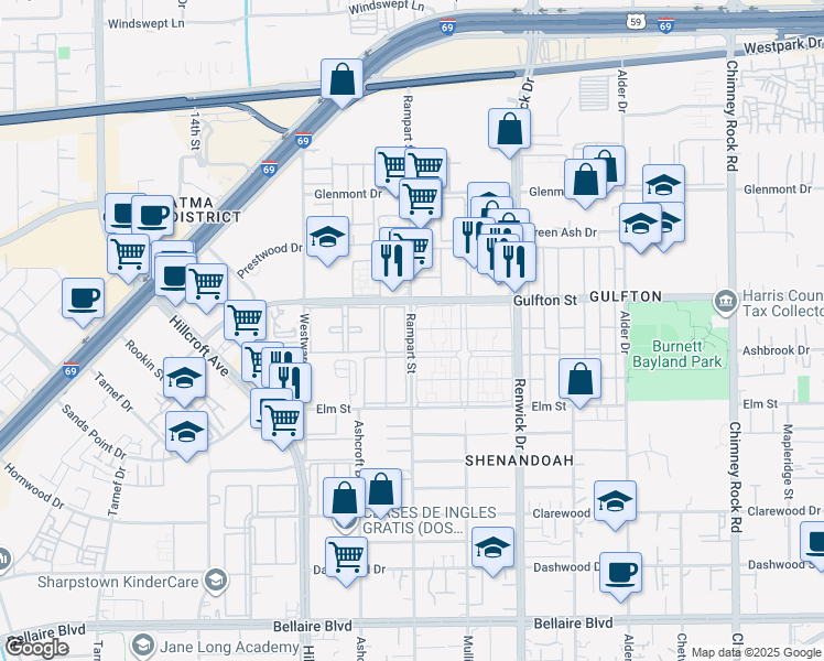 map of restaurants, bars, coffee shops, grocery stores, and more near 6002 Rampart Street in Houston