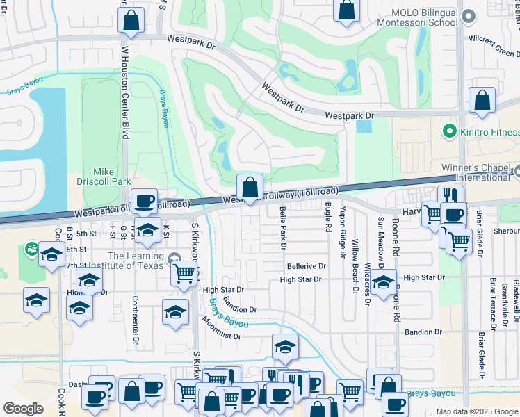 map of restaurants, bars, coffee shops, grocery stores, and more near 10 East Park West Drive in Houston