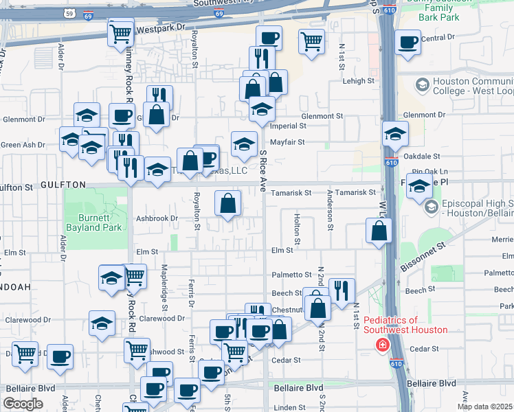 map of restaurants, bars, coffee shops, grocery stores, and more near 6030 South Rice Avenue in Houston