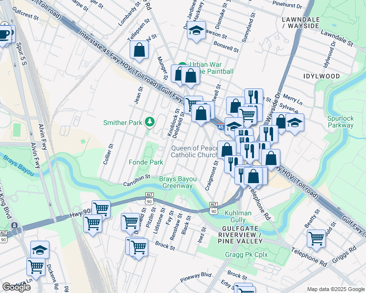 map of restaurants, bars, coffee shops, grocery stores, and more near 2502 Lidstone Street in Houston