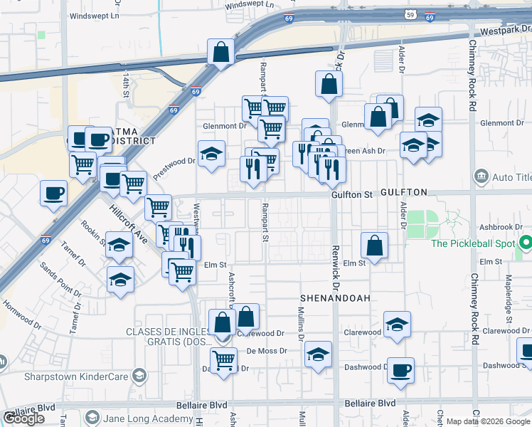 map of restaurants, bars, coffee shops, grocery stores, and more near 6103 Rampart Street in Houston