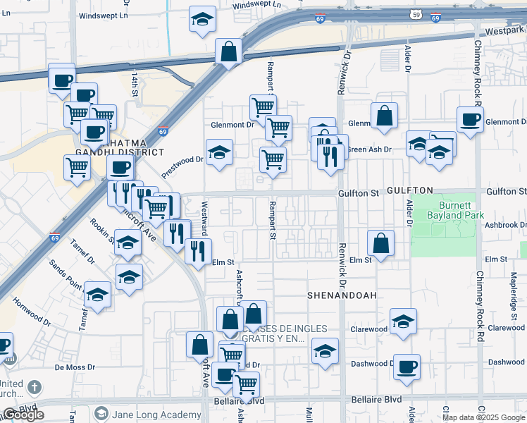 map of restaurants, bars, coffee shops, grocery stores, and more near 6002 Rampart Street in Houston