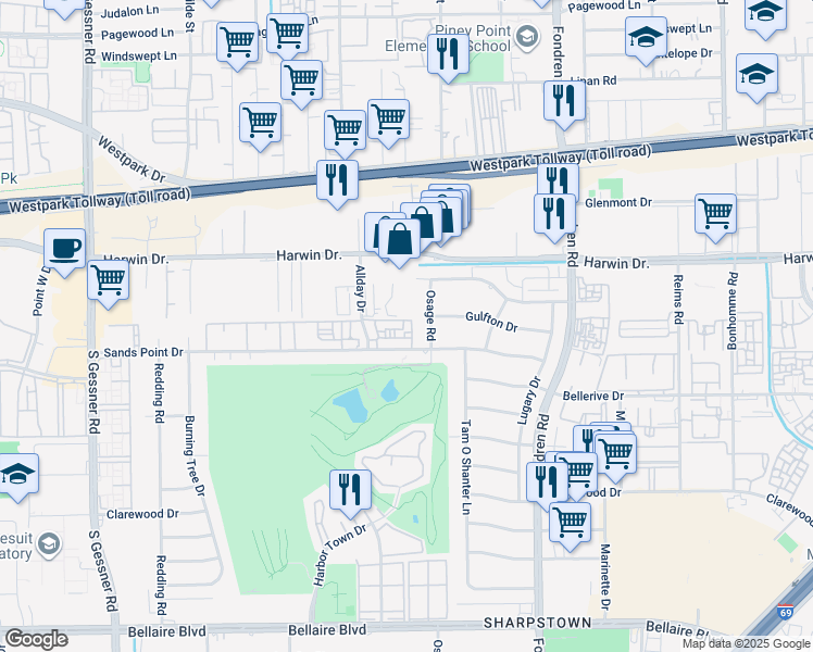 map of restaurants, bars, coffee shops, grocery stores, and more near 5914 Osage Road in Houston