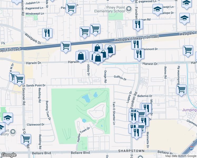 map of restaurants, bars, coffee shops, grocery stores, and more near 5914 Osage Road in Houston