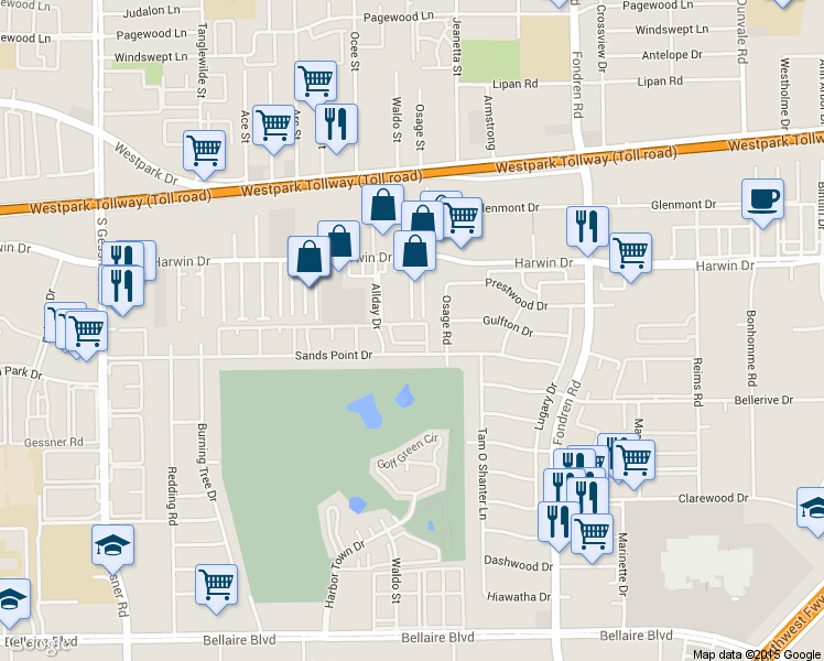 map of restaurants, bars, coffee shops, grocery stores, and more near 8022 Sands Point Drive in Houston
