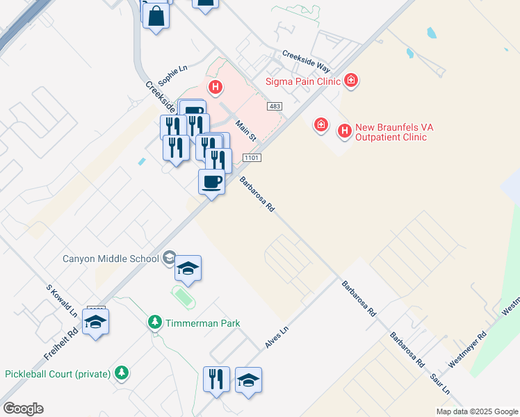 map of restaurants, bars, coffee shops, grocery stores, and more near 778 Barbarosa Road in New Braunfels