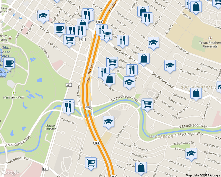 map of restaurants, bars, coffee shops, grocery stores, and more near 2620 Riverside Drive in Houston
