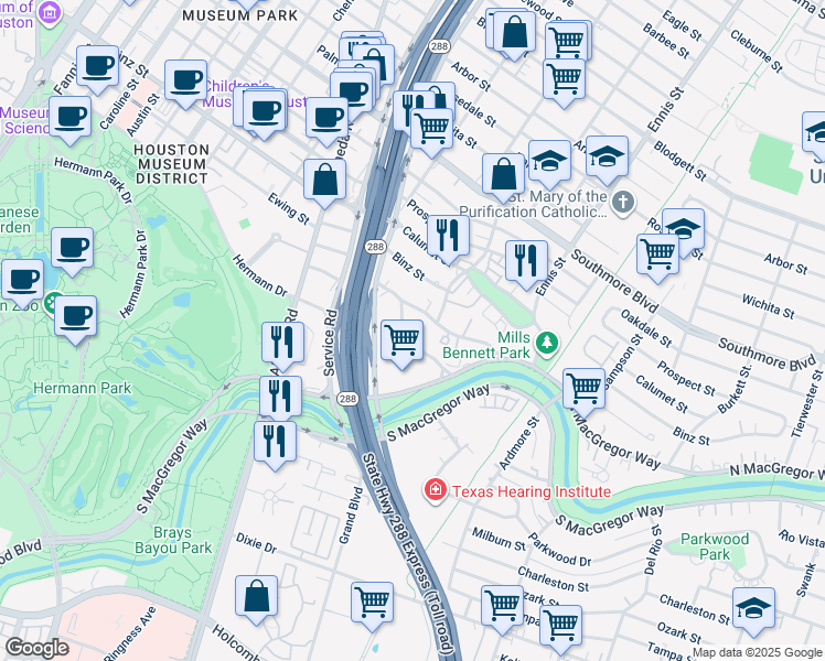map of restaurants, bars, coffee shops, grocery stores, and more near 2513 North MacGregor Way in Houston