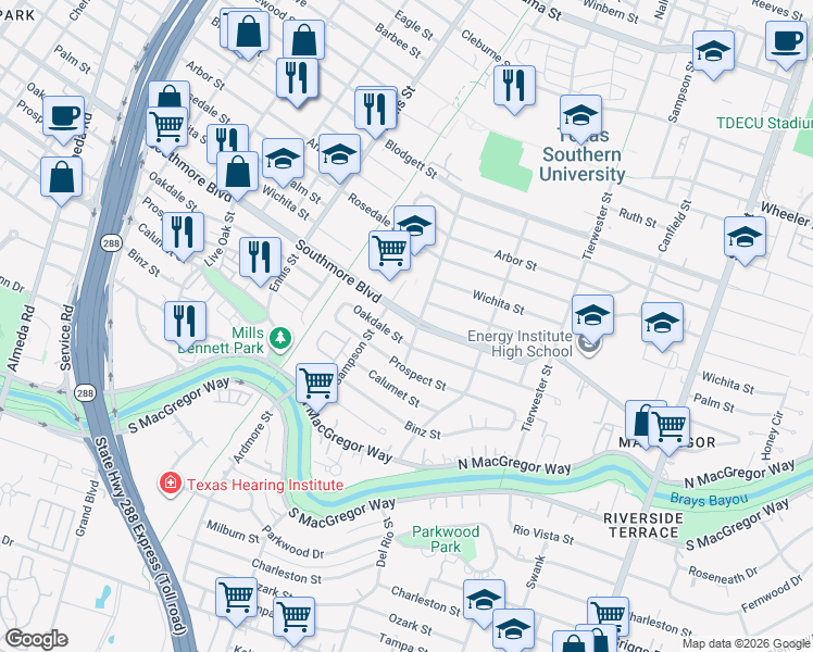 map of restaurants, bars, coffee shops, grocery stores, and more near 3306 Southmore Boulevard in Houston