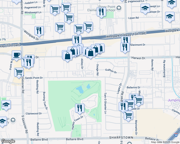 map of restaurants, bars, coffee shops, grocery stores, and more near 8022 Sands Point Drive in Houston