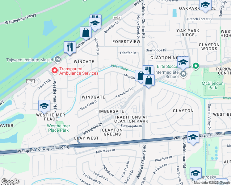 map of restaurants, bars, coffee shops, grocery stores, and more near 15823 Tammany Lane in Houston