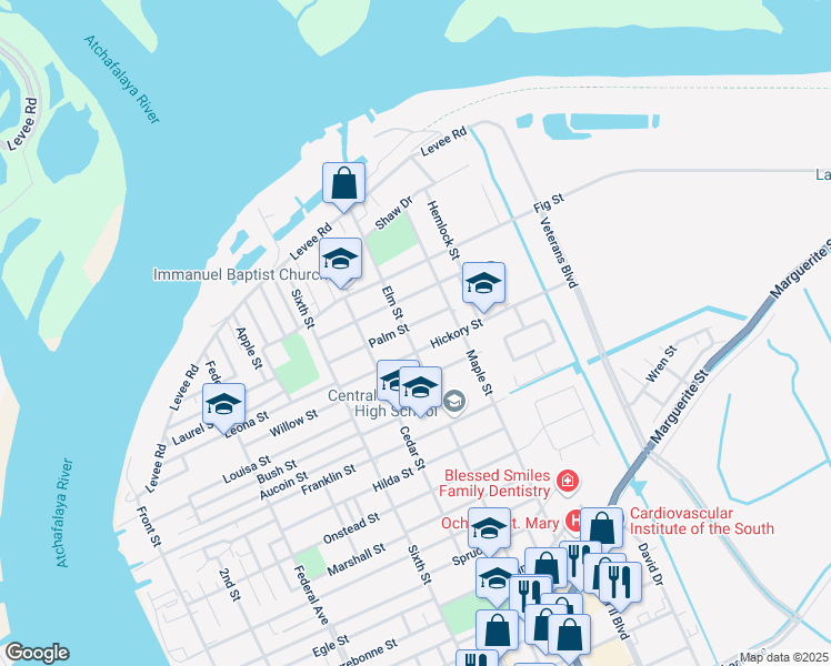 map of restaurants, bars, coffee shops, grocery stores, and more near 2301-2399 Elm Street in Morgan City
