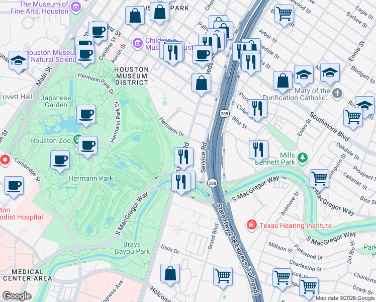 map of restaurants, bars, coffee shops, grocery stores, and more near 5927a Almeda Road in Houston