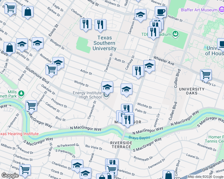 map of restaurants, bars, coffee shops, grocery stores, and more near 3501-3599 Wichita St in Houston