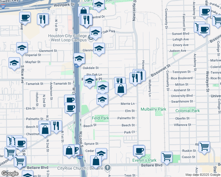map of restaurants, bars, coffee shops, grocery stores, and more near 4545 Wedgewood Drive in Bellaire