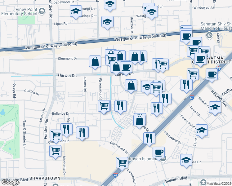 map of restaurants, bars, coffee shops, grocery stores, and more near 7309 Regency Square Court in Houston