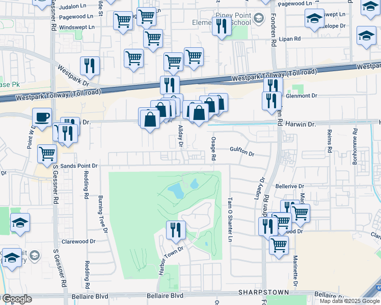 map of restaurants, bars, coffee shops, grocery stores, and more near 8022 Sands Point Drive in Houston