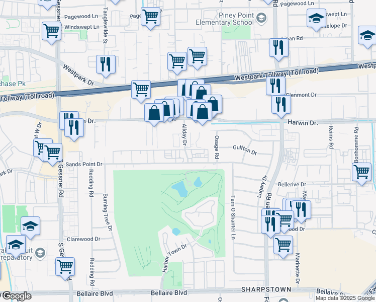 map of restaurants, bars, coffee shops, grocery stores, and more near 8022 Sands Point Drive in Houston