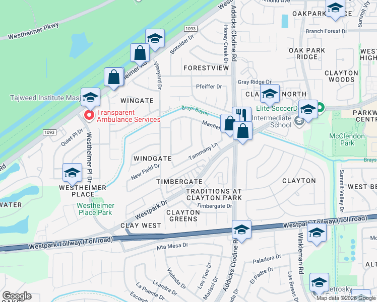 map of restaurants, bars, coffee shops, grocery stores, and more near 15823 Tammany Lane in Houston