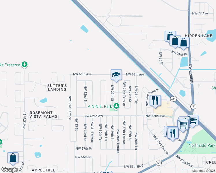 map of restaurants, bars, coffee shops, grocery stores, and more near 6604 Northwest 29th Terrace in Gainesville