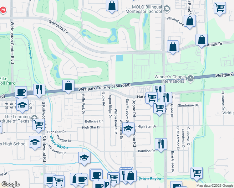 map of restaurants, bars, coffee shops, grocery stores, and more near 4106 Willow Beach Drive in Houston