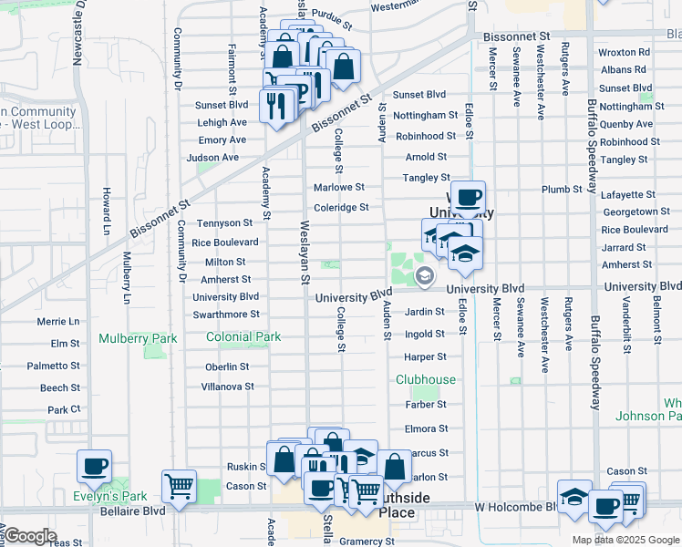 map of restaurants, bars, coffee shops, grocery stores, and more near 3831 Amherst Street in Houston