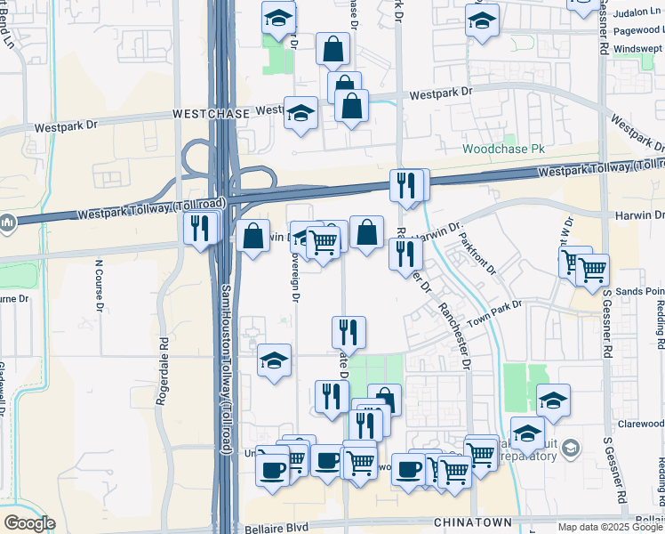 map of restaurants, bars, coffee shops, grocery stores, and more near 5867-5907 Corporate Dr in Houston