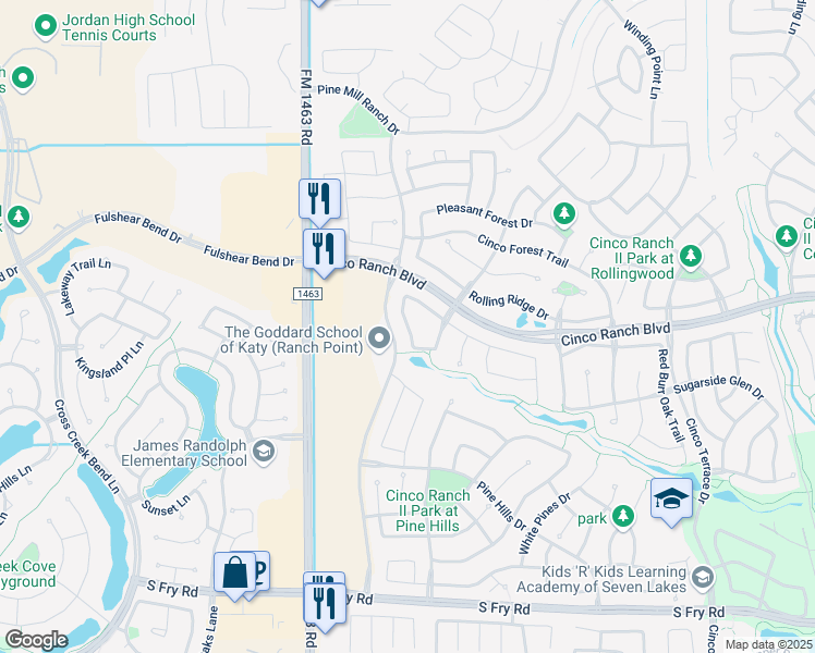 map of restaurants, bars, coffee shops, grocery stores, and more near Hawthorne Bend Drive in Katy