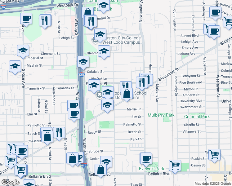 map of restaurants, bars, coffee shops, grocery stores, and more near 909 Wildwood in Bellaire