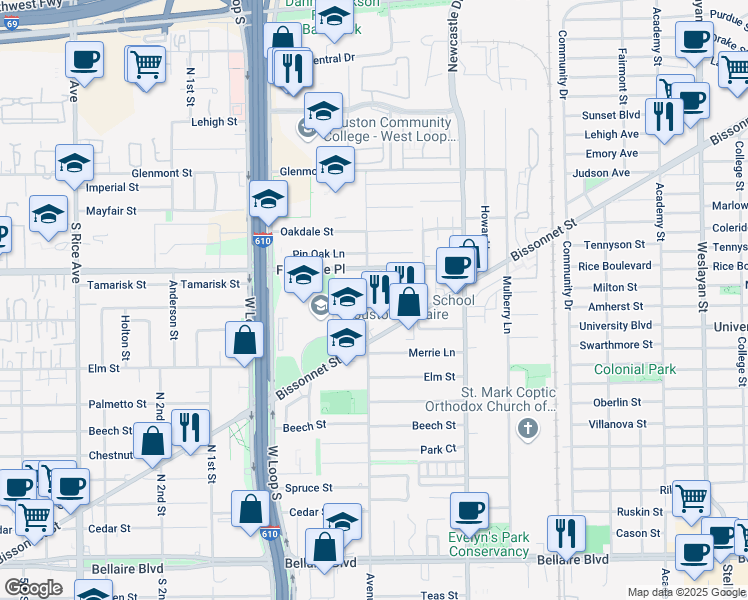 map of restaurants, bars, coffee shops, grocery stores, and more near 909 Wildwood in Bellaire