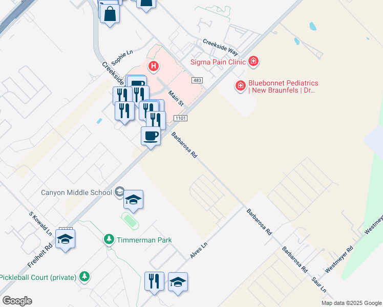 map of restaurants, bars, coffee shops, grocery stores, and more near 778 Barbarosa Road in New Braunfels