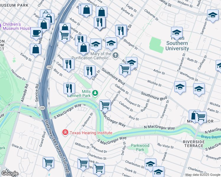 map of restaurants, bars, coffee shops, grocery stores, and more near 3139 Prospect Street in Houston