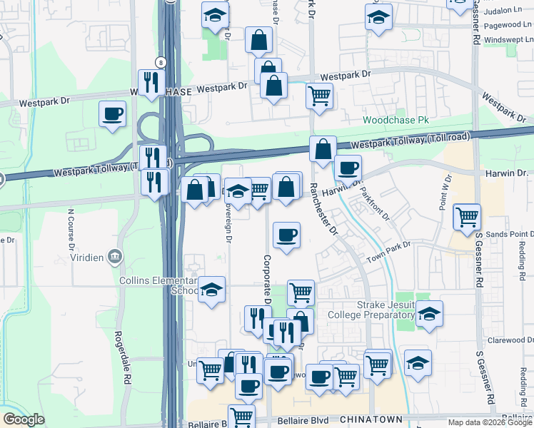 map of restaurants, bars, coffee shops, grocery stores, and more near 5867 Corporate Drive in Houston