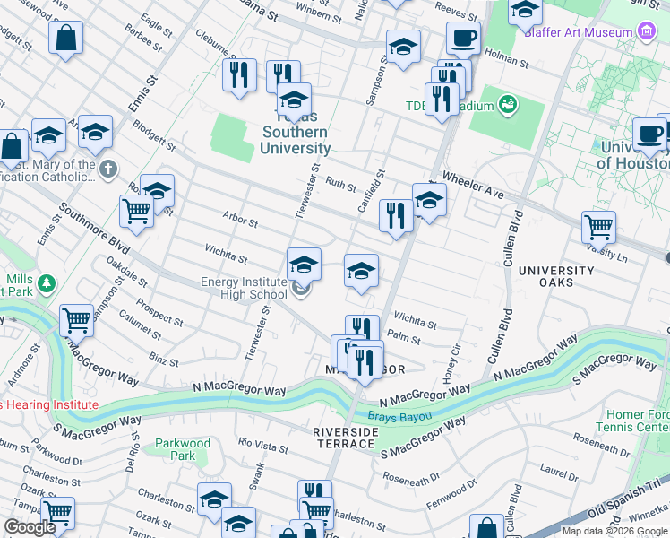map of restaurants, bars, coffee shops, grocery stores, and more near 3538 Rosedale Street in Houston
