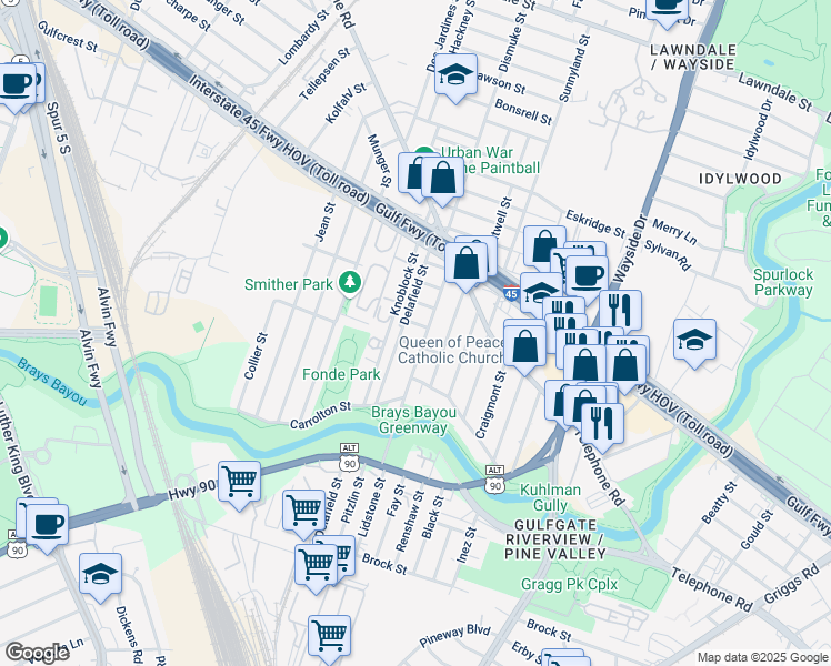 map of restaurants, bars, coffee shops, grocery stores, and more near 2502 Lidstone Street in Houston