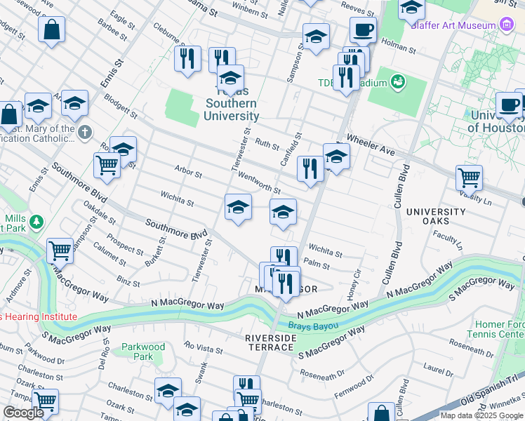 map of restaurants, bars, coffee shops, grocery stores, and more near 3538 Rosedale Street in Houston