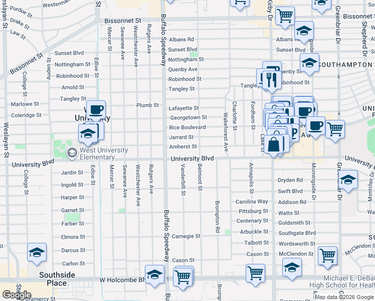 map of restaurants, bars, coffee shops, grocery stores, and more near 3020 University Boulevard in Houston