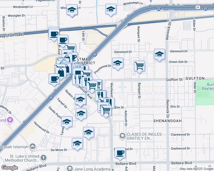 map of restaurants, bars, coffee shops, grocery stores, and more near 6250 Westward Street in Houston