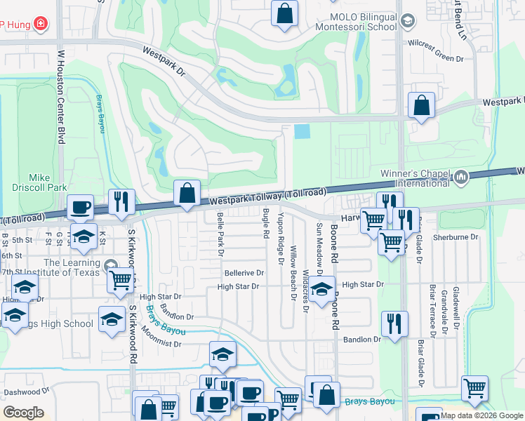 map of restaurants, bars, coffee shops, grocery stores, and more near 11502 Chesswood Drive in Houston