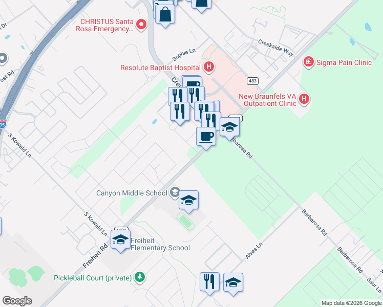 map of restaurants, bars, coffee shops, grocery stores, and more near 2014 Farm to Market Road 1101 in New Braunfels