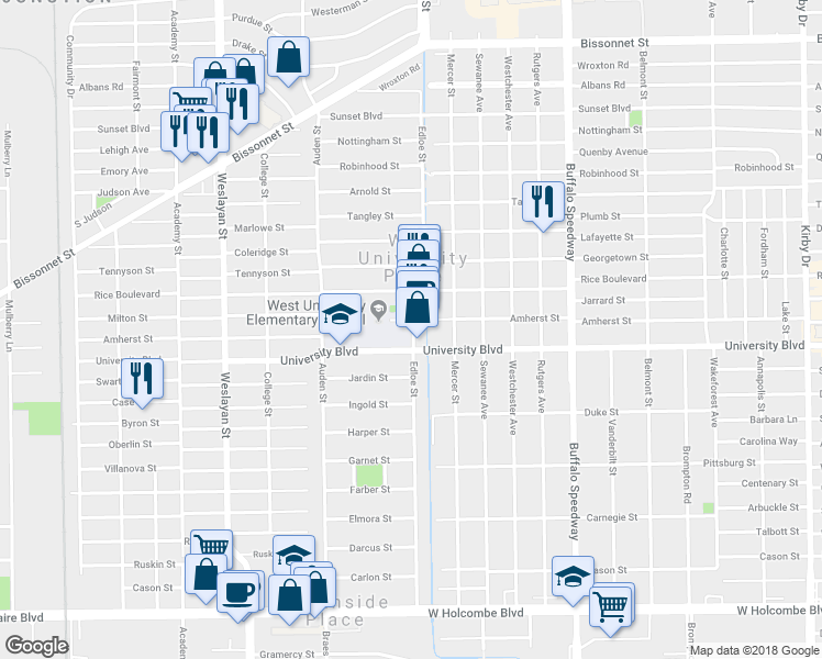 map of restaurants, bars, coffee shops, grocery stores, and more near 3700 University Boulevard in Houston