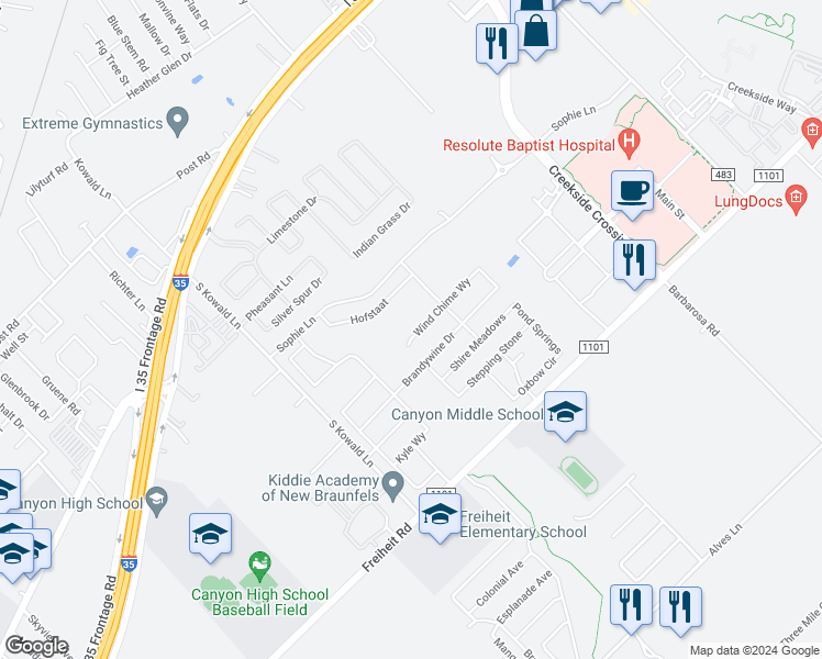 map of restaurants, bars, coffee shops, grocery stores, and more near 1999 Wind Chime Way in New Braunfels