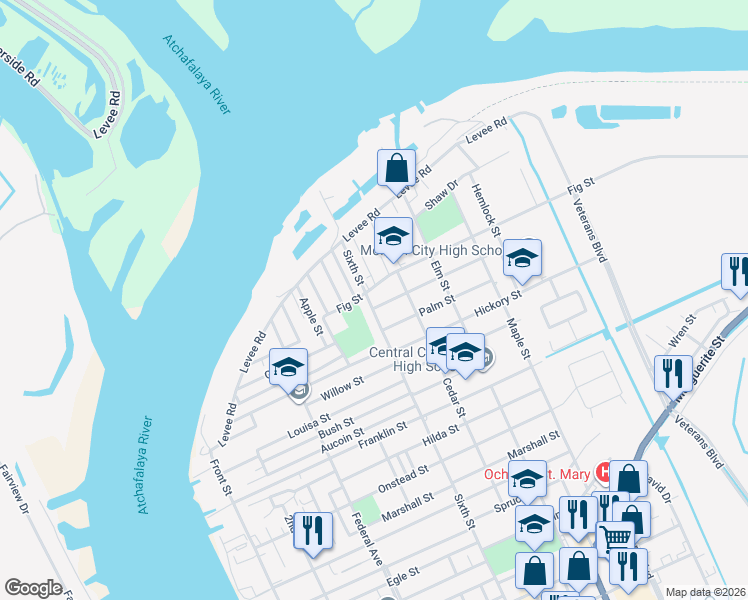 map of restaurants, bars, coffee shops, grocery stores, and more near 2408 Sixth Street in Morgan City