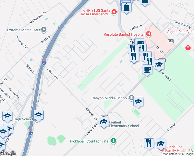 map of restaurants, bars, coffee shops, grocery stores, and more near 1990 Wind Chime Way in New Braunfels