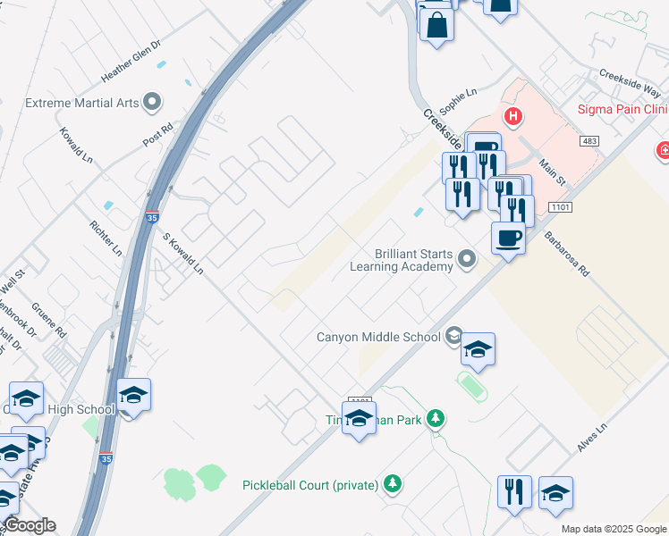 map of restaurants, bars, coffee shops, grocery stores, and more near 1990 Wind Chime Way in New Braunfels