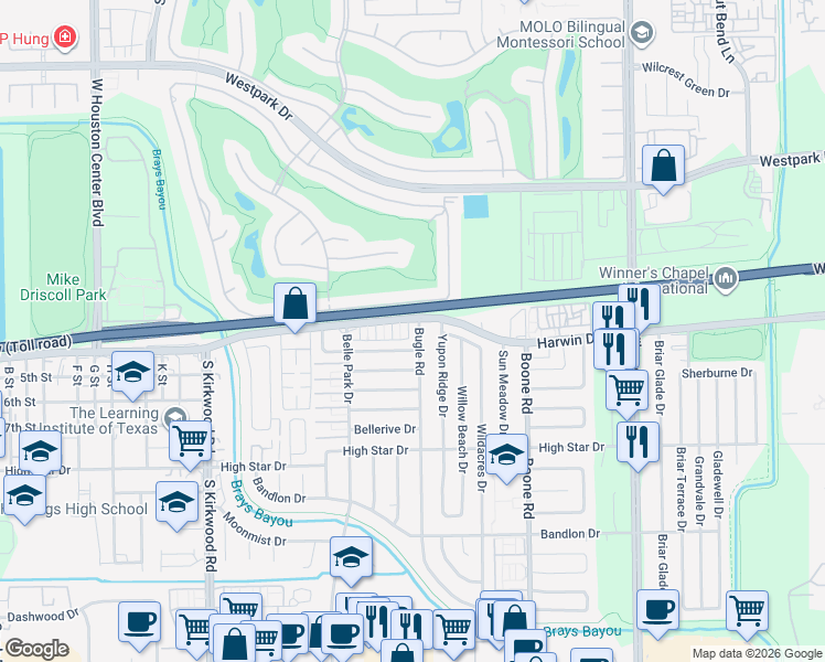 map of restaurants, bars, coffee shops, grocery stores, and more near 11502 Chesswood Drive in Houston