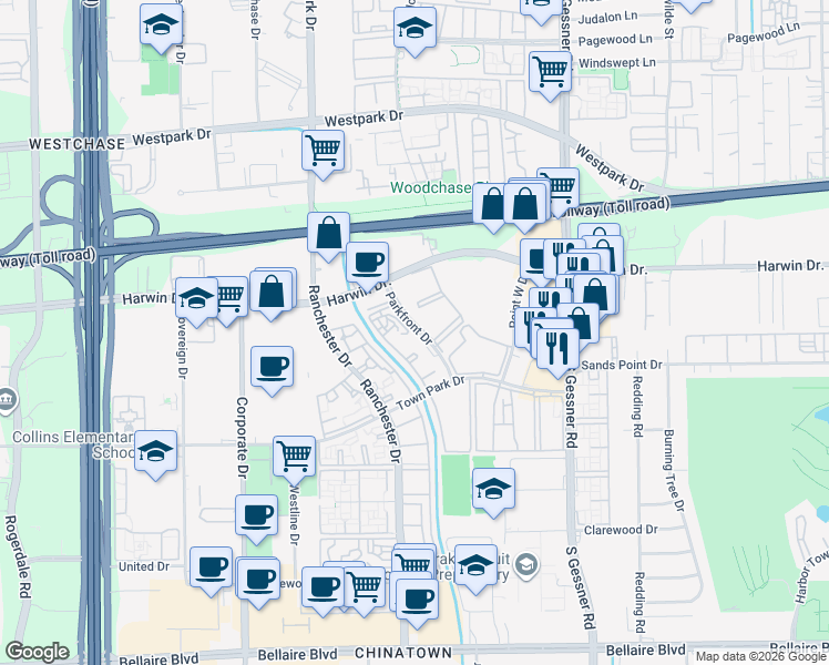 map of restaurants, bars, coffee shops, grocery stores, and more near 326 Parkfront Drive in Houston