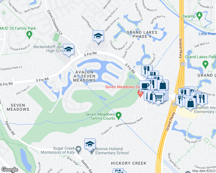 map of restaurants, bars, coffee shops, grocery stores, and more near 23310 Two Harbors Glen Street in Katy